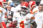 KC Chiefs wide receiver Rashee Rice #4 warms up prior to an NFL football game against the LA Chargers at SoFi Stadium^ Aug. 17^ 2024^ in Inglewood^ Calif.