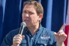 Florida Republican Governor and presidential candidate Ron DeSantis greets supporters at the Iowa State Fair fair side chats in Des Moines^ Iowa. Des Moines^ Iowa^ USA - August 12^ 2023