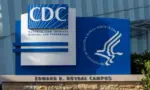 Closeup of the CDC logo seen at the Edward R. Roybal campus^ the headquarters of the Centers for Disease Control and Prevention (CDC) in Atlanta^ Georgia.
