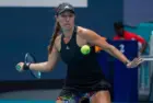 Professional tennis player Jessica Pegula of USA in action during Miami Open 2022 quarter-final match at the Hard Rock Stadium in Miami Gardens^ Florida MIAMI GARDENS^ FLORIDA - MARCH 30^ 2022