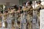 California National Guard soldiers protect a federal building during ICE deportation protests in Downtown LA. Los Angeles^ California^ USA - June 10^ 2025