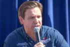 Florida Governor Ron DeSantis greets supporters at the Iowa State Fair fair side chats in Des Moines^ Iowa. Des Moines^ Iowa^ USA - August 12^ 2023