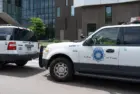 Law Enforcement Downtown Denver^ Denver Police Department cars parked Denver^ Colorado^ United States - 5.17.2023