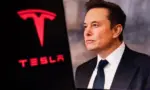 Elon Musk^ CEO of Tesla^ in a formal suit with the Tesla logo in the background. The image depicts electric vehicles^ innovations^ and tech leadership.