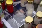 Berlin^ Germany - September 12^ 2025: Makeshift memorial for Charlie Kirk at the Embassy of the United States of America on Pariser Platz in Berlin