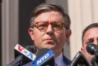 US House Speaker Mike Johnson speaks during a press briefing at Columbia University in New York on April 24^ 2024.