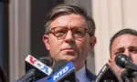 US House Speaker Mike Johnson speaks during a press briefing at Columbia University in New York on April 24^ 2024.