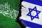 Israel vs Hamas concept flags on a wall with a crack. Hamas and Israel political conflict^ economy^ war crisis^ relationship^ trade concept