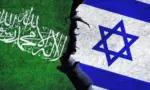 Israel vs Hamas concept flags on a wall with a crack. Hamas and Israel political conflict^ economy^ war crisis^ relationship^ trade concept