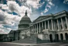 Dark and gloomy view of the deserted US Capitol Building under moody sky in Washington DC^ USA
