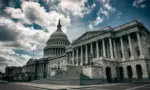 Dark and gloomy view of the deserted US Capitol Building under moody sky in Washington DC^ USA
