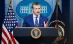 Pete Hegseth^ Defense Secretary^ speaks at a White House press briefing. WASHINGTON – January 30 2025