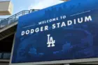 Closeup of the Welcome sign in the Outfield Plaza of Dodger Stadium. LOS ANGELES^ CALIFORNIA^ 29 JUNE 2021