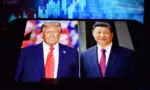U.S. President Donald Trump and Chinese President Xi Jinping appear on a smartphone screen