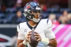 Houston Texans quarterback C.J. Stroud (7) looks to throw the ball during the game against the Atlanta Falcons on October 8^ 2023 at Mercedes-Benz Stadium in Atlanta^ Georgia.