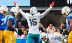 Miami Dolphins linebacker Jaelan Phillips (15) celebrates after an interception against the Los Angeles Chargers during an NFL football game^ Sept. 10^ 2023^ in Inglewood^ Calif.