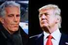 Conceptual editorial image showing U.S. President Donald Trump and Jeffrey Epstein on the screen. For editorial use only. New York U.S 27.07.2025
