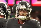 Atlanta Falcons quarterbacks Michael Penix Jr (9) before the game against the Carolina Panthers on January 5^ 2025 at Mercedes-Benz Stadium.