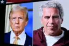 Editorial image showing U.S. President Donald Trump and Jeffrey Epstein on the screen. For editorial use only. New York U.S 27.07.2025