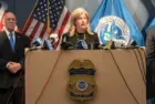 Police Commissioner Jessica Tisch speaks during Homeland Security Investigation announcement at New York office of arrest of alleged Tren De Aragua gang members. New York^ NY - April 22^ 2025