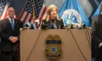 Police Commissioner Jessica Tisch speaks during Homeland Security Investigation announcement at New York office of arrest of alleged Tren De Aragua gang members. New York^ NY - April 22^ 2025