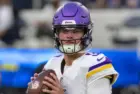 Minnesota Vikings quarterback J.J. McCarthy #9 warms up prior to an NFL football game against the Los Angeles Chargers Oct. 23^ 2025^ in Inglewood^ Calif.