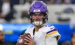 Minnesota Vikings quarterback J.J. McCarthy #9 warms up prior to an NFL football game against the Los Angeles Chargers Oct. 23^ 2025^ in Inglewood^ Calif.