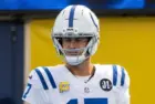 Indianapolis Colts quarterback Daniel Jones #17 warms up prior to an NFL football game against the Los Angeles Chargers at SoFi Stadium^ Oct. 19^ 2025^ in Inglewood^ Calif.