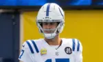 Indianapolis Colts quarterback Daniel Jones #17 warms up prior to an NFL football game against the Los Angeles Chargers at SoFi Stadium^ Oct. 19^ 2025^ in Inglewood^ Calif.
