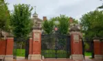 Van Wickle Gates is the main entrance to Brown University main campus on Prospect Street at College Street on College Hill in city of Providence^ Rhode Island RI^ USA.