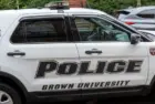 A police car in Brown University campus in Providence^ RI^ USA^ on November 10^ 2023. Brown University is a private Ivy League research university in Providence^ Rhode Island.
