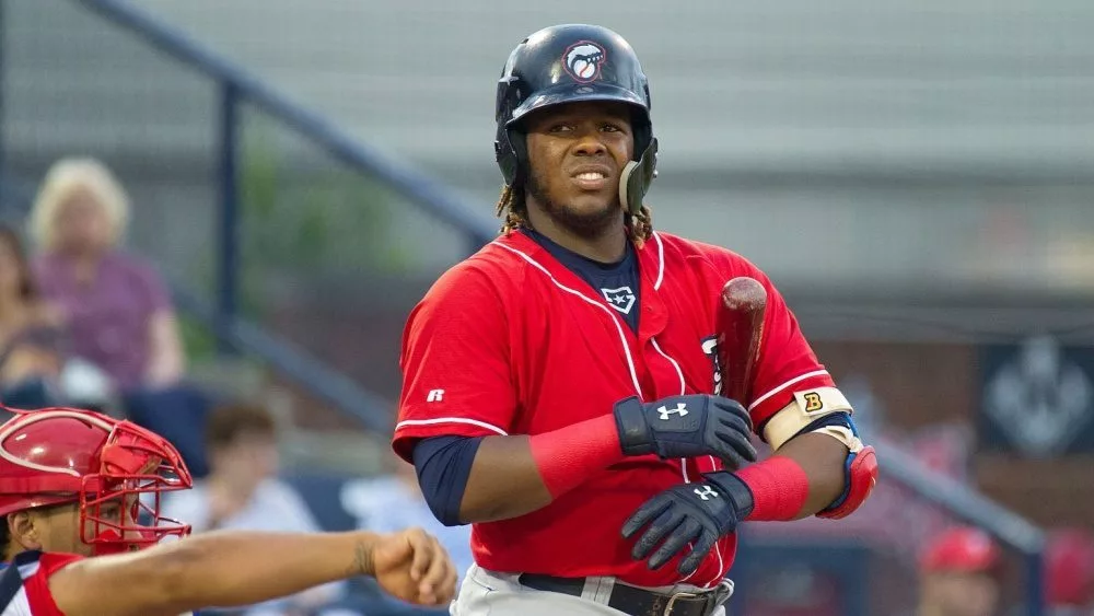 Toronto Blue Jays prospect Vladimir Guerrero Jr. plays as the Reading Fightin Phils host the New Hampshire Fisher Cats at FirstEnergy Stadium. READING^ PENNSYLVANIA / USA - JULY 23 2018