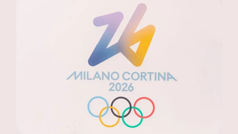 Milano Cortina 2026 Olympic Games logo with the number 26 and colorful Olympic rings displayed prominently on a white background Cortina^ Italy - January 27^ 2026