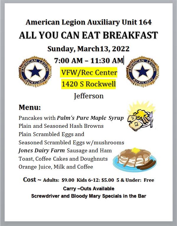 American Legion Auxiliary Unit 164 All You Can Eat Breakfast WWHG