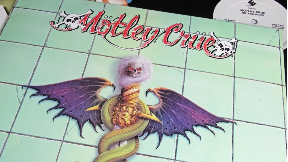 Closeup of vinyl record album Dr Feelgood of glam rock metal band Motley Crue