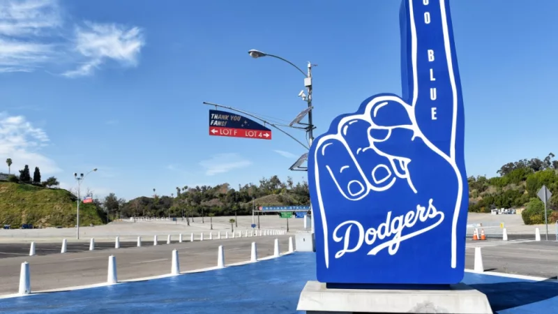 Number 1 hand figure with Go Blue at Dodger Stadium. LOS ANGELES^ CALIFORNIA - 11 FEB 2020