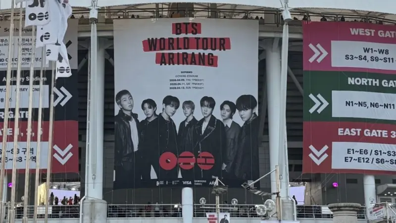 BTS World Tour 'ARIRANG' took place from April 9–12^ 2026^ at Goyang Stadium^ northwest of Seoul^ drawing fans across three sold-out nights. Goyang^ South Korea - April 12 2026