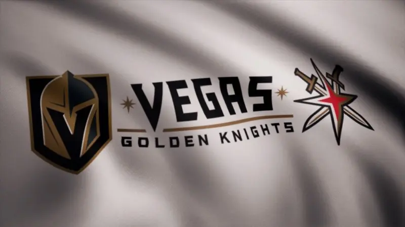 USA - NEW YORK^ 12 August 2018: Waving flag with Vegas Golden Knights NHL hockey team logo. Close-up of waving flag with Vegas Golden Knights NHL hockey team logo^ seamless loop. Editorial footage