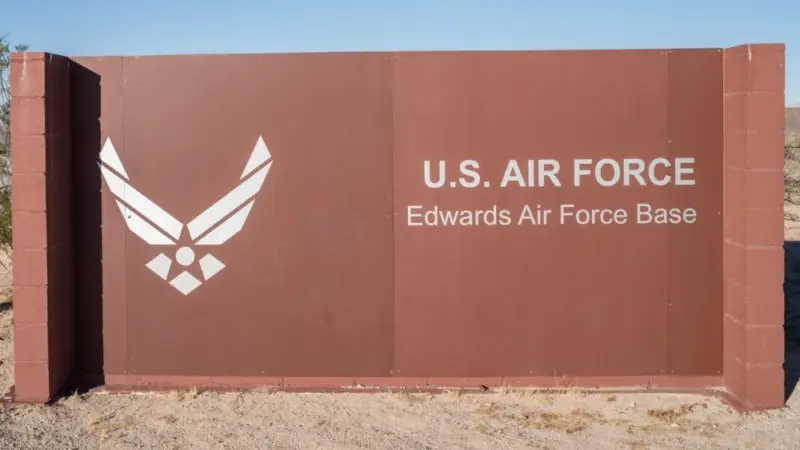 Edwards Air Force base welcome sign. LANCASTER^ CALIFORNIA^ USA - DECEMBER 17^ 2016