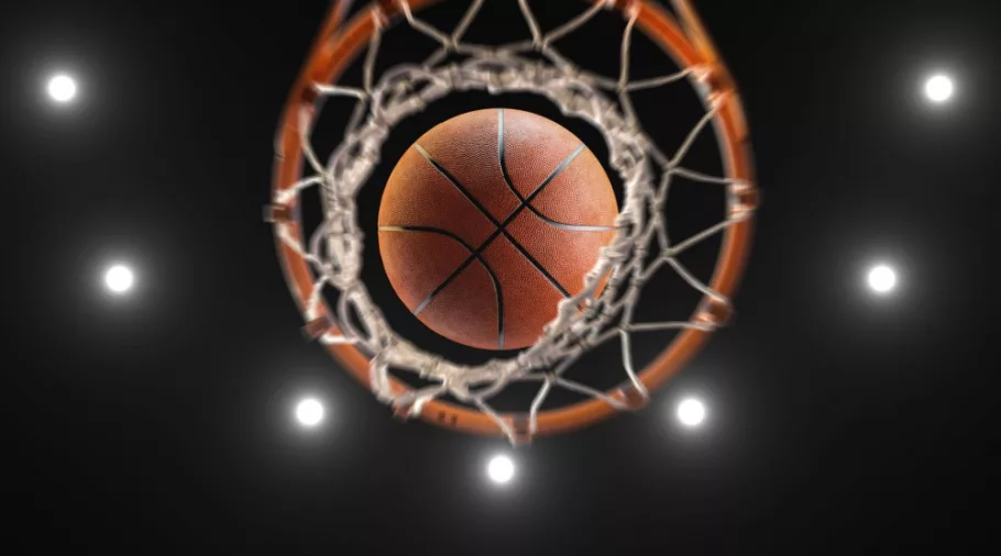 3d rendering basketball on hoop and lighting from roof stadium