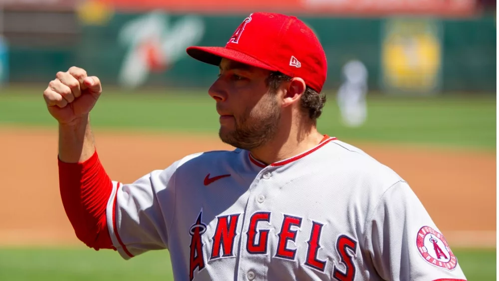 Los Angeles Angels infielder David Fletcher on the field <a href=