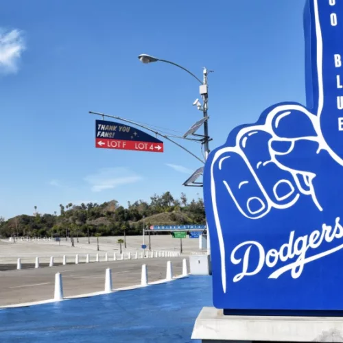 Number 1 hand figure with Go Blue at Dodger Stadium. LOS ANGELES^ CALIFORNIA - 11 FEB 2020