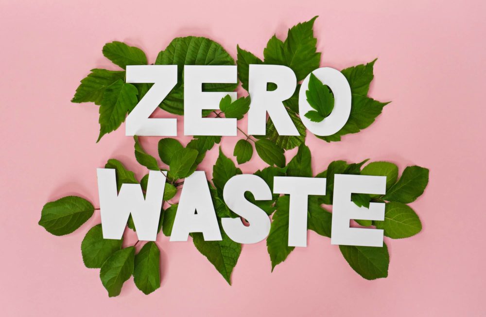 zerowastepapertextwitjgreenleavesonpinkbackground