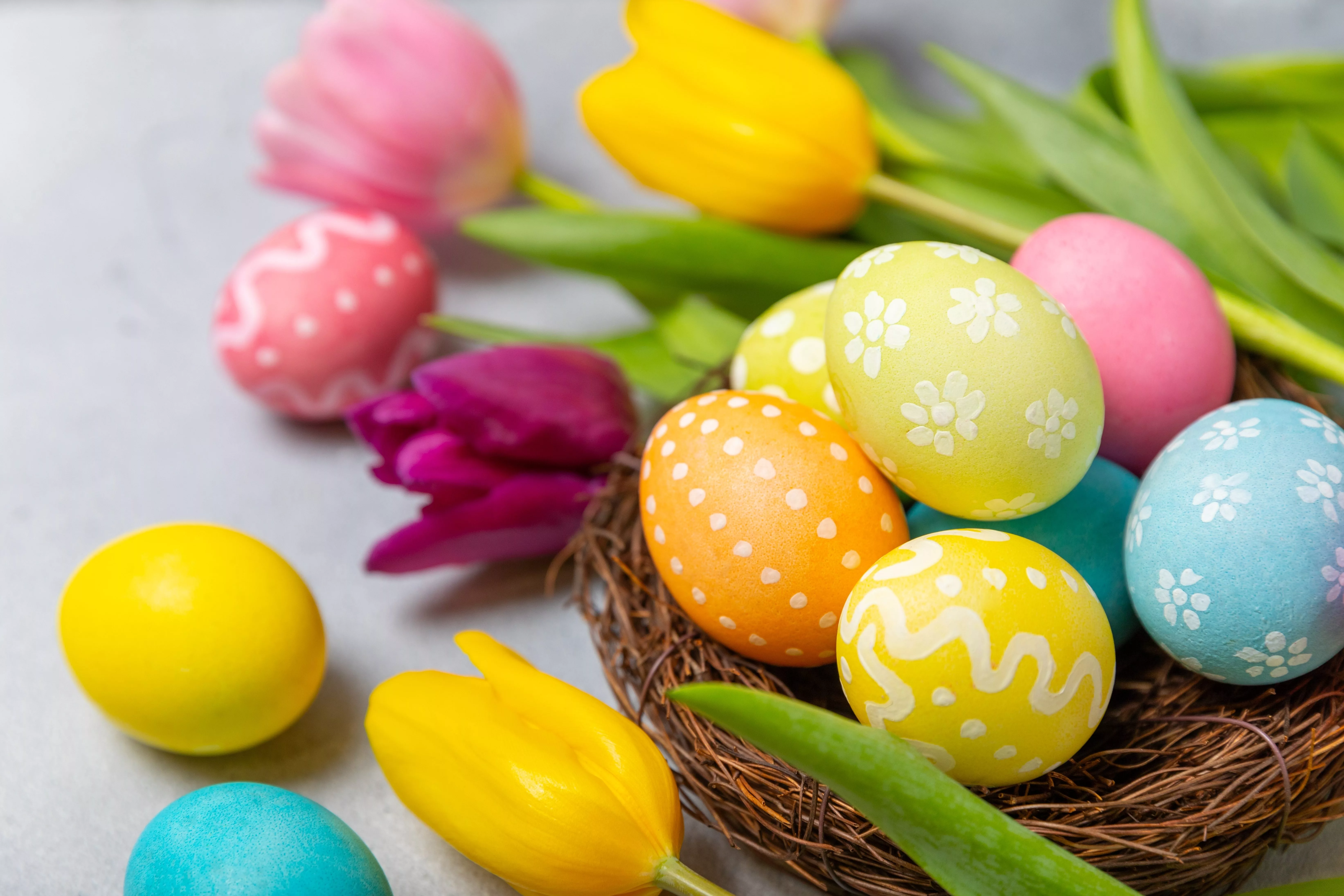 eastereggsinthenestwithmimosaflowersona