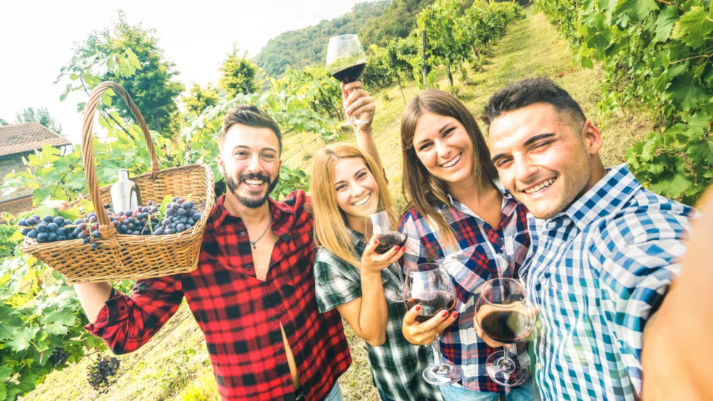 youngfriendshavingfuntakingselfieatwineryvineyardoutdoor