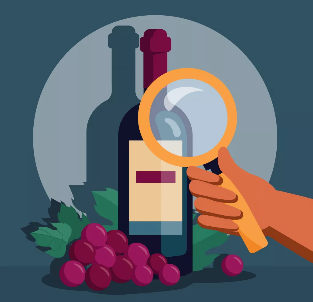ahandholdingamagnifyingglassexaminesawinebottle