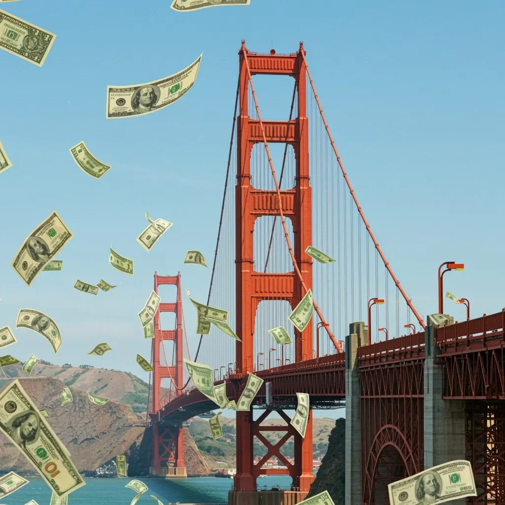 imageofgoldengatebridgewithdollarbillsflyingaround