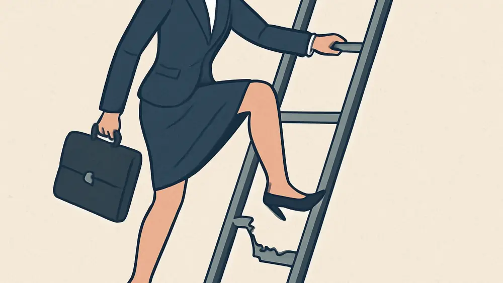 illustrationofabusinesswomansteppingoverabrokenrung