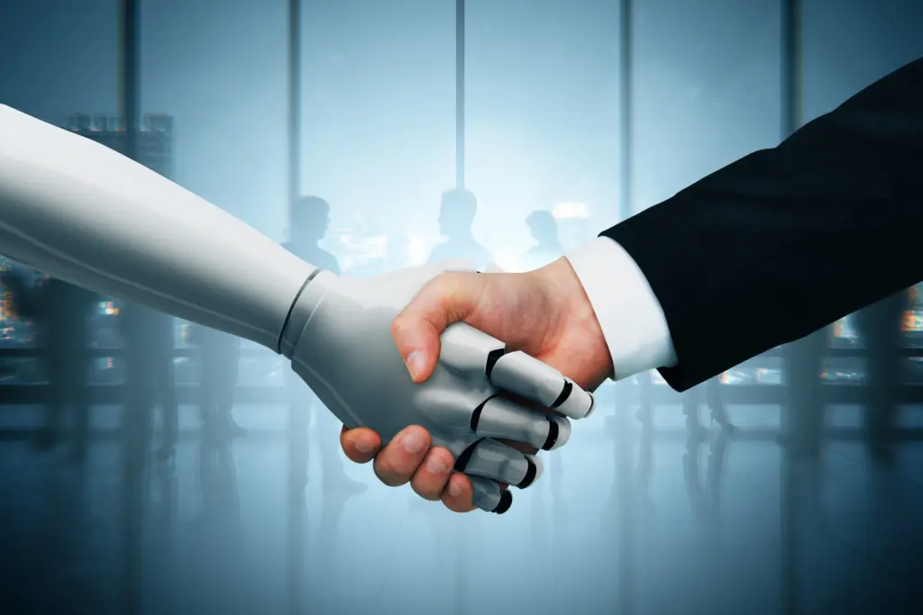 close-upofahumanandrobotshakinghandsfuturisticstyle