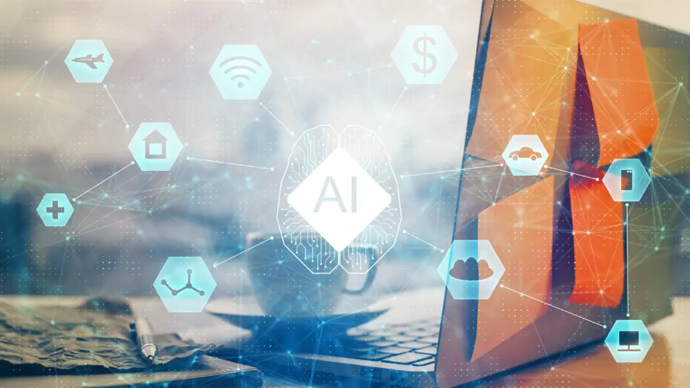 doubleexposureoflaptopcomputerandtechnologythemehologram-concept